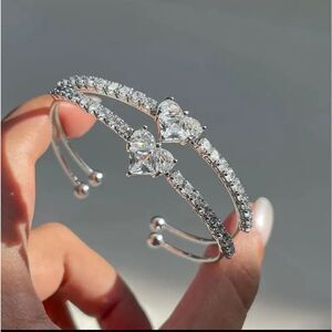Silver Rhinestone Heart Bangle Bracelet